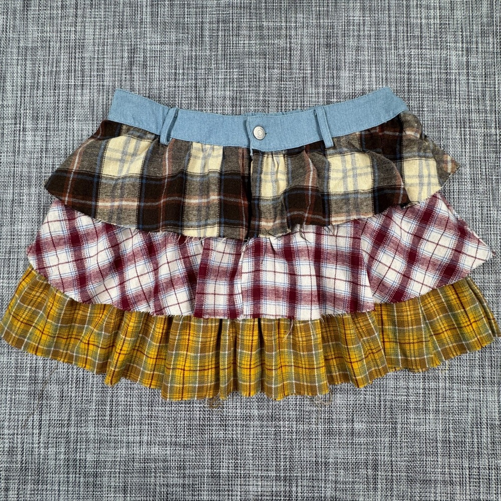 Spoon Jeans Women's Mini Skirt Plaid Patchwork Tiered Ruffle Flannel Medium NWT